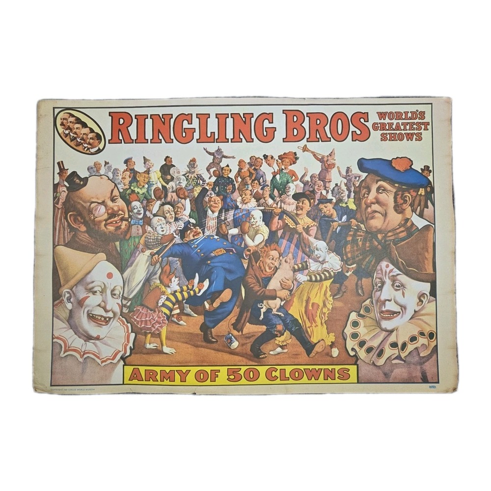 1960 Ringling Bros WORLD'S‎ GREATEST SHOWS Army of 50 Clowns Poster 19×13